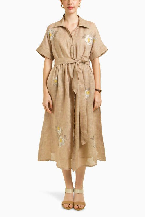 Beige Embroidered Drop Shoulder Dress