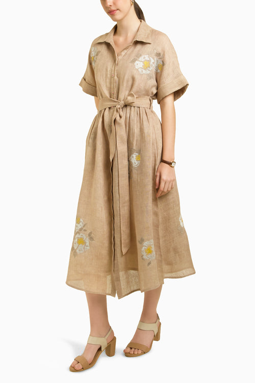Beige Embroidered Drop Shoulder Dress
