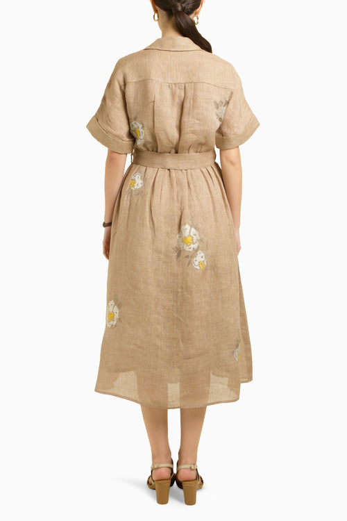 Beige Embroidered Drop Shoulder Dress