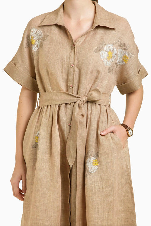 Beige Embroidered Drop Shoulder Dress
