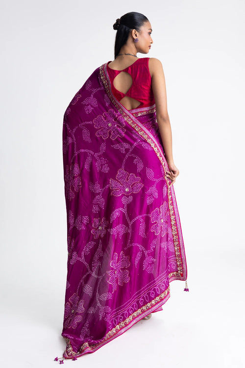 Mangenta Bandhani Silk Zardozi Embroidery Saree