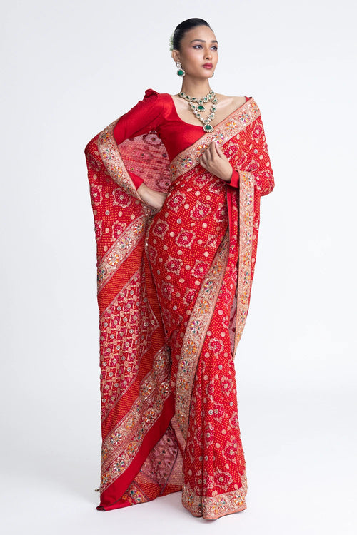 Red Banarasi Bandhani Saree with Embroidery