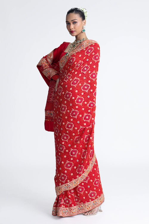 Red Banarasi Bandhani Saree with Embroidery