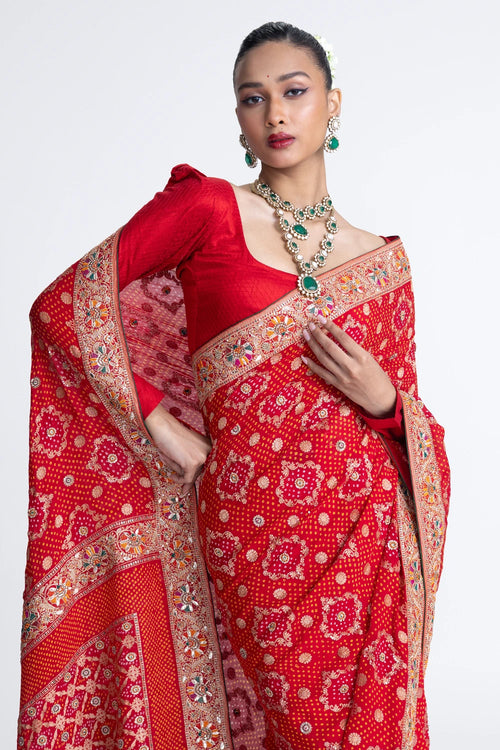 Red Banarasi Bandhani Saree with Embroidery
