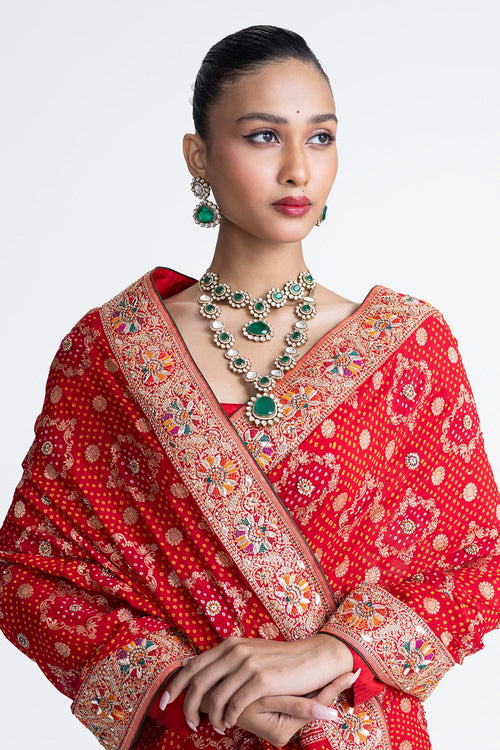 Red Banarasi Bandhani Saree with Embroidery