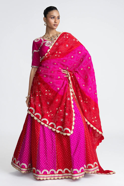 Red Rani Bandhani Silk Lehenga Set