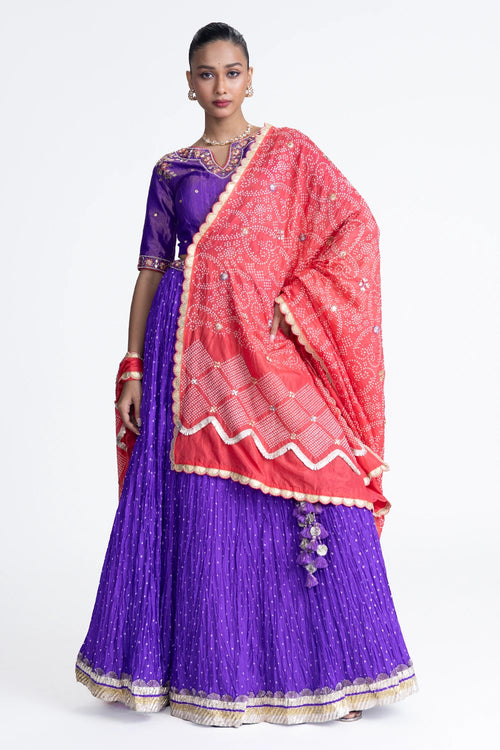 Purple Peach Crushed Bandhani Silk Lehenga Set