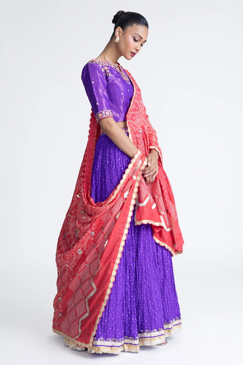 Purple Peach Crushed Bandhani Silk Lehenga Set