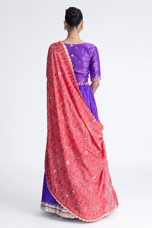 Purple Peach Crushed Bandhani Silk Lehenga Set