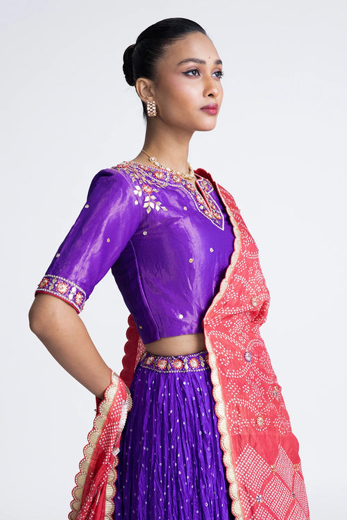 Purple Peach Crushed Bandhani Silk Lehenga Set