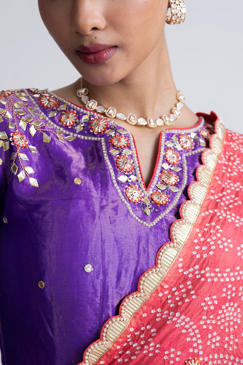 Purple Peach Crushed Bandhani Silk Lehenga Set