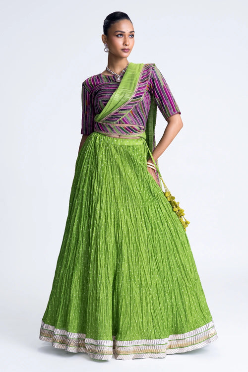 Green Bandhani Crush Lehenga Set