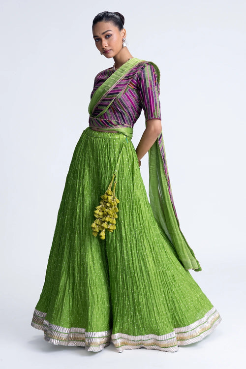 Green Bandhani Crush Lehenga Set