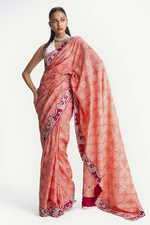 Peach Bandhani Silk Pearl Embroidery Saree