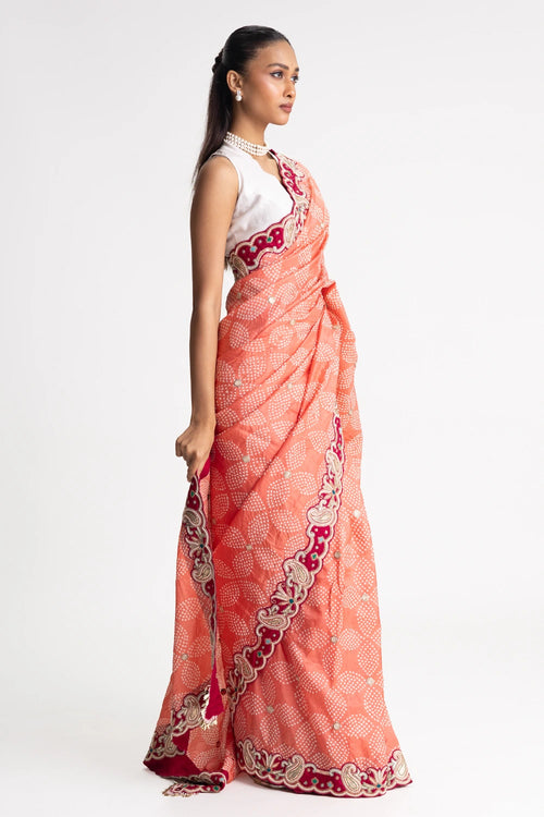 Peach Bandhani Silk Pearl Embroidery Saree