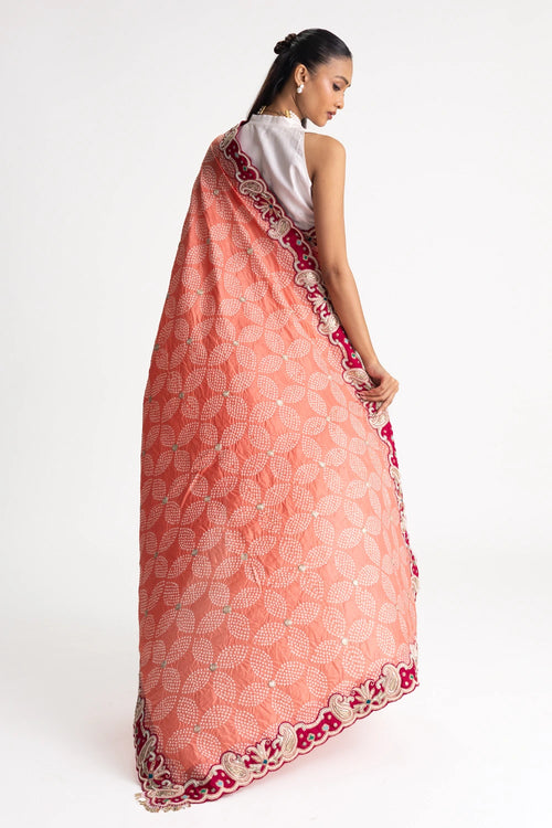 Peach Bandhani Silk Pearl Embroidery Saree