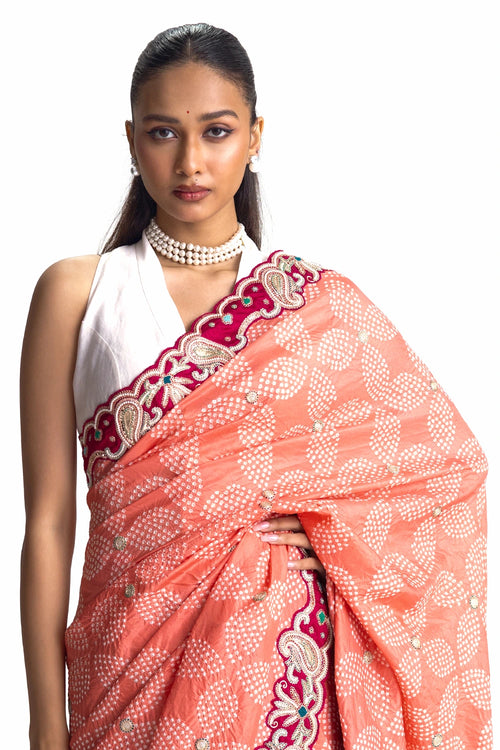 Peach Bandhani Silk Pearl Embroidery Saree