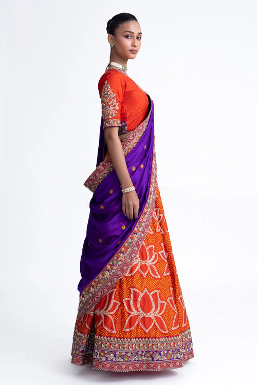 Orange Purple Lotus Bandhani Lehenga Set