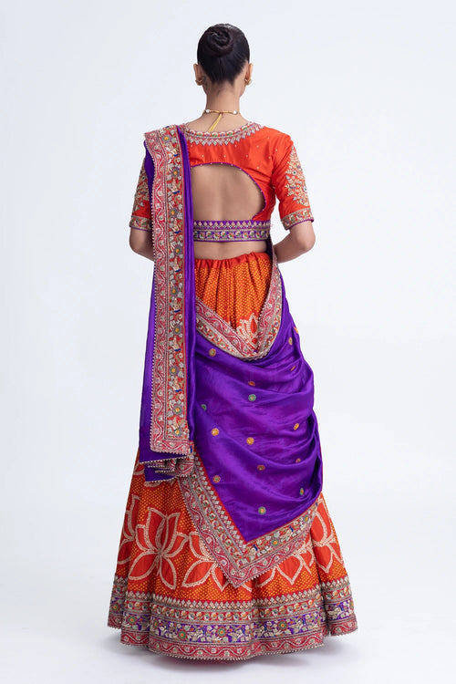 Orange Purple Lotus Bandhani Lehenga Set