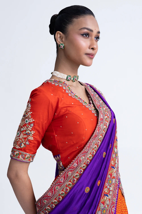 Orange Purple Lotus Bandhani Lehenga Set