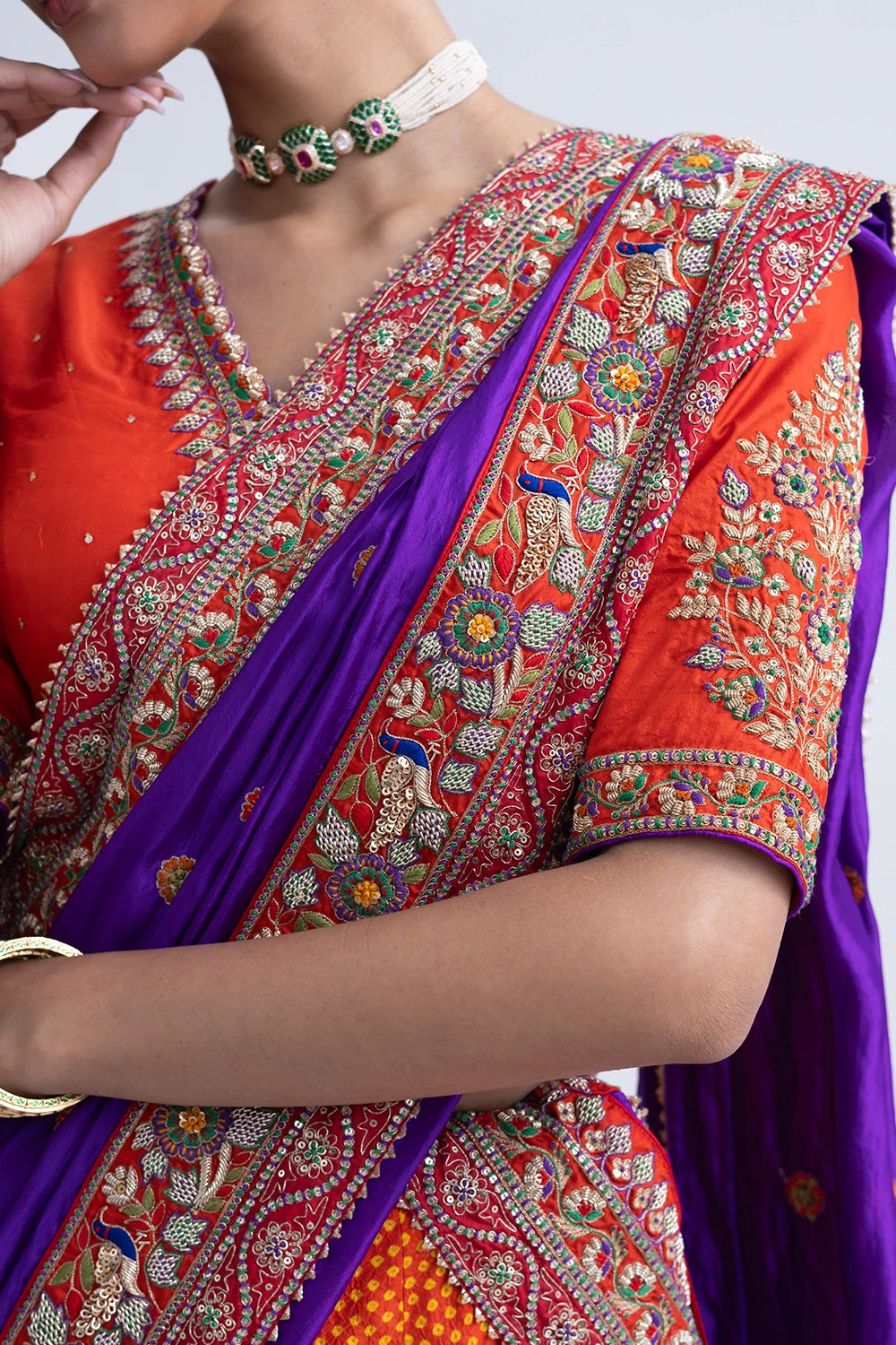 Orange Purple Lotus Bandhani Lehenga Set