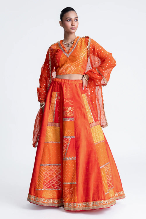 Orange Patchwork Lehenga Set