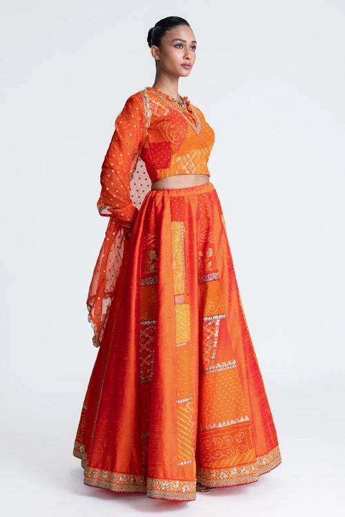 Orange Patchwork Lehenga Set
