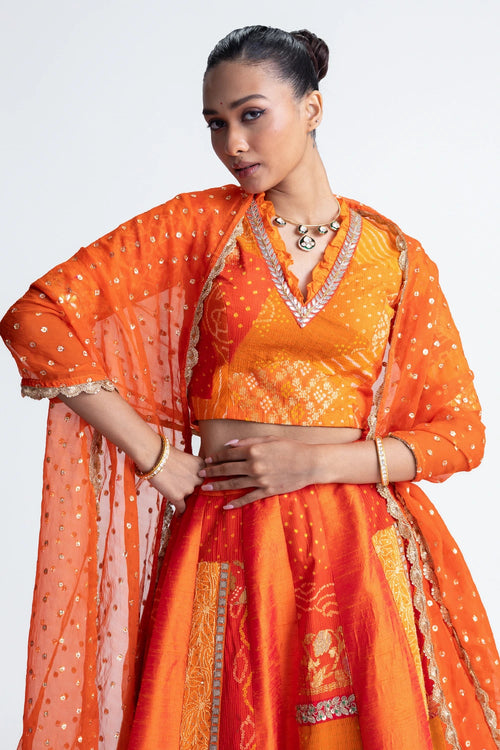 Orange Patchwork Lehenga Set