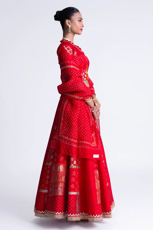 Red Patchwork Lehenga Set