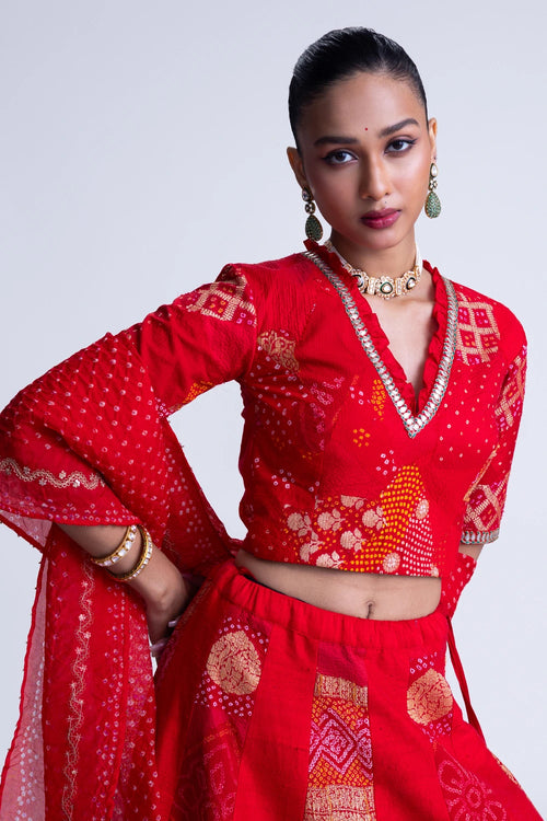 Red Patchwork Lehenga Set