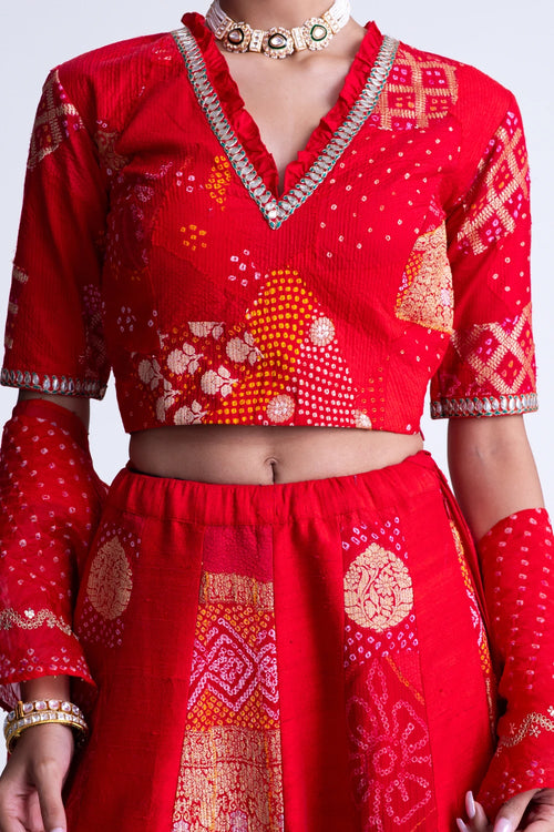 Red Patchwork Lehenga Set
