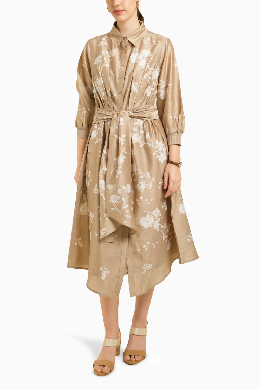 Discharge Print Tie Up Embroidered Dress