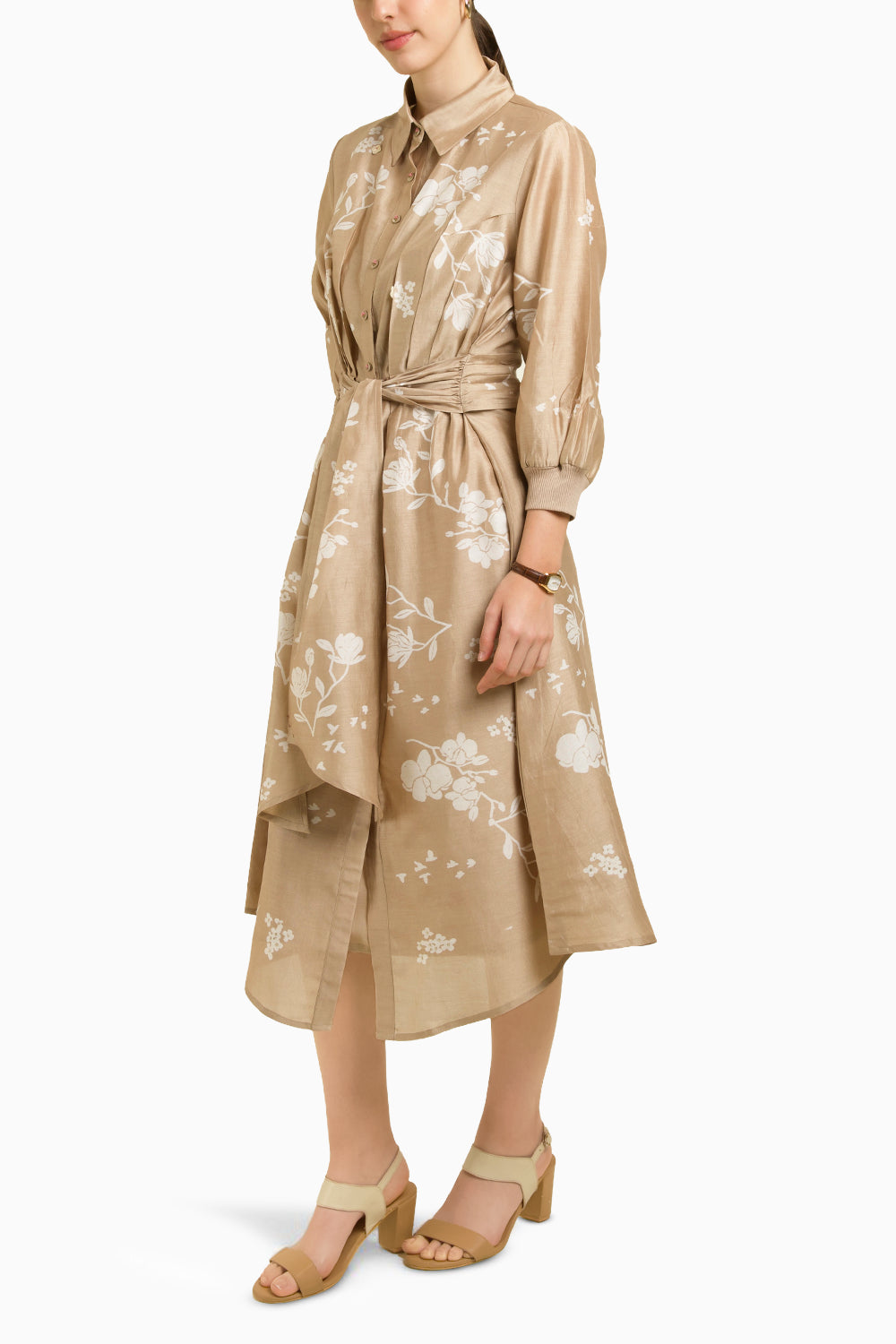 Discharge Print Tie Up Embroidered Dress