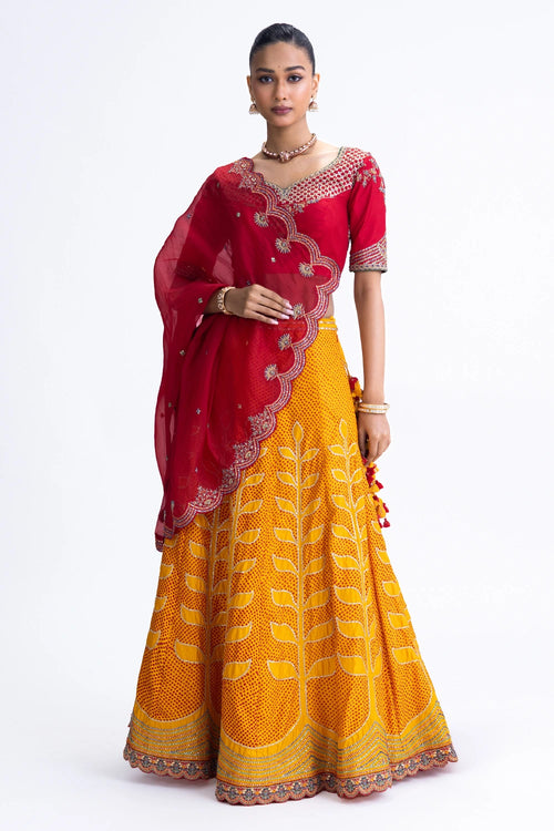 Yellow Red Ekam Lehenga Set