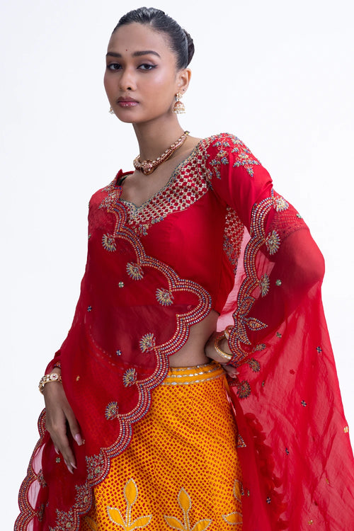 Yellow Red Ekam Lehenga Set