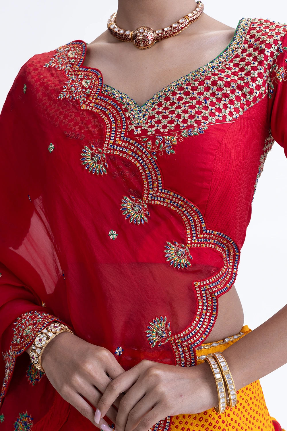 Yellow Red Ekam Lehenga Set
