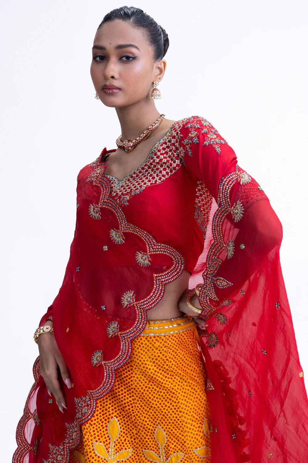 Yellow Red Ekam Lehenga Set
