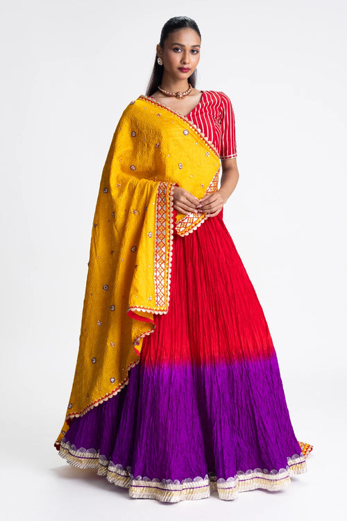 Red Purple Crushed Silk Lehenga Set