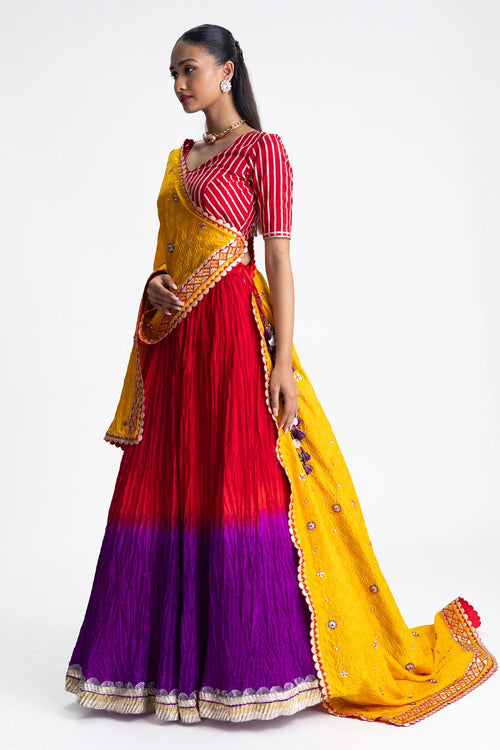 Red Purple Crushed Silk Lehenga Set
