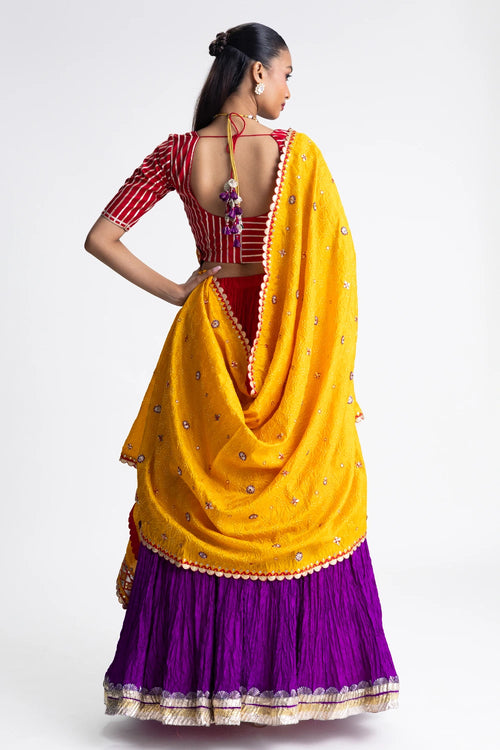 Red Purple Crushed Silk Lehenga Set