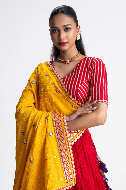 Red Purple Crushed Silk Lehenga Set