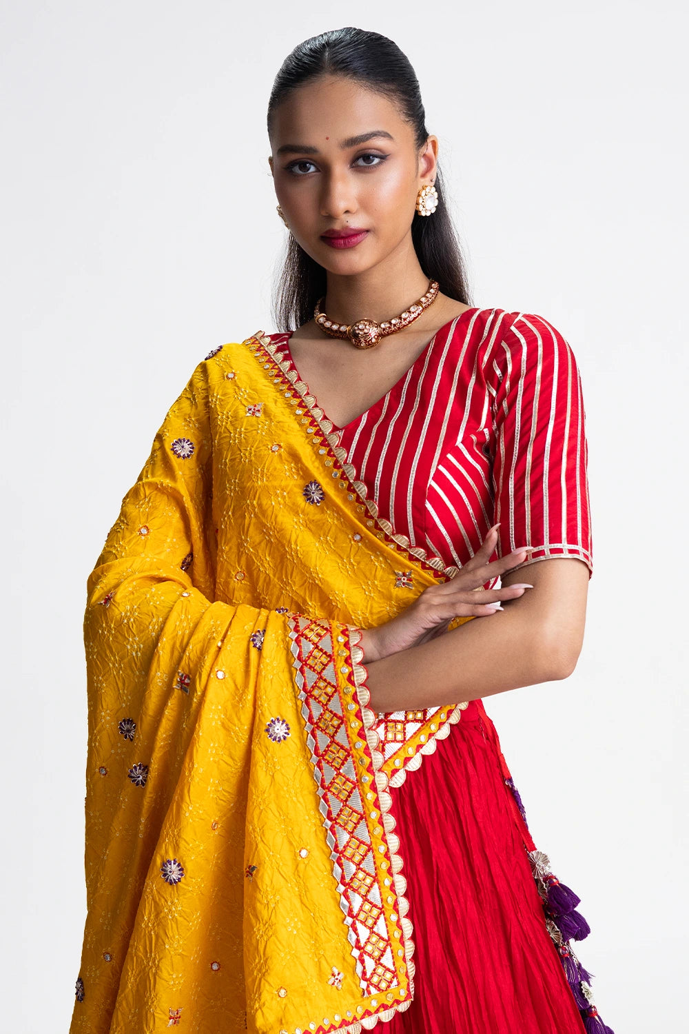 Red Purple Crushed Silk Lehenga Set