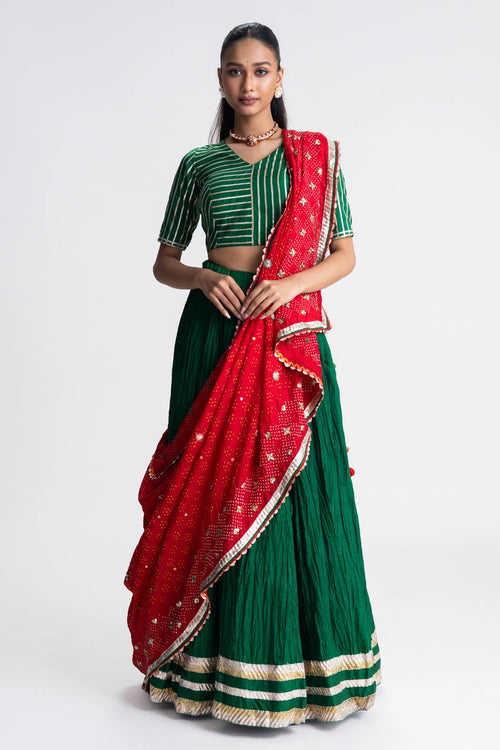 Green Crushed Silk Lehenga Set