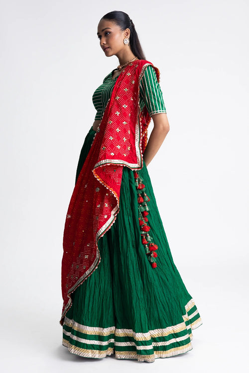 Green Crushed Silk Lehenga Set