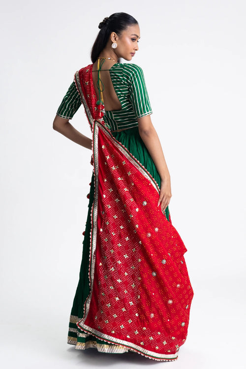 Green Crushed Silk Lehenga Set