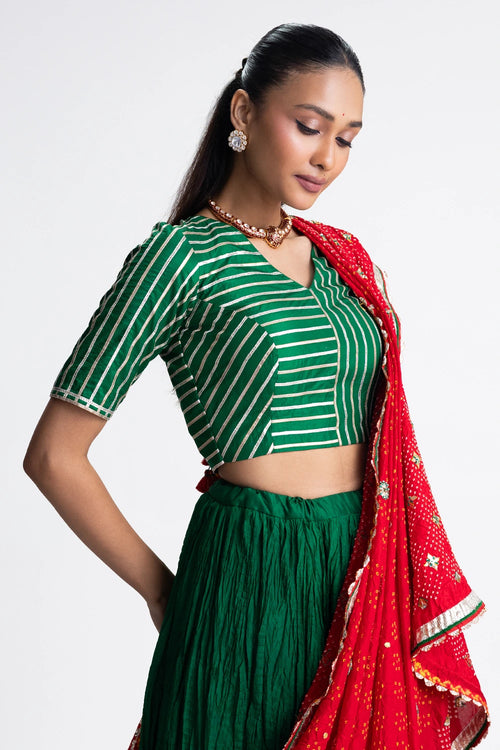 Green Crushed Silk Lehenga Set