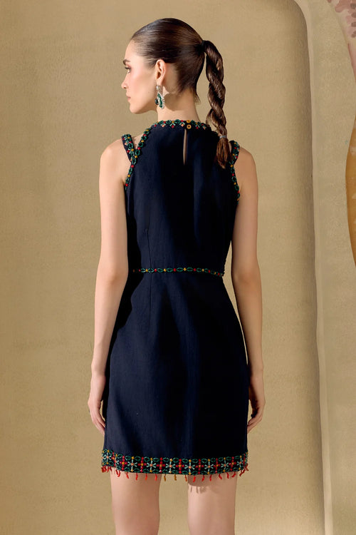 Black Mosaic Beadwork Cutout Dress