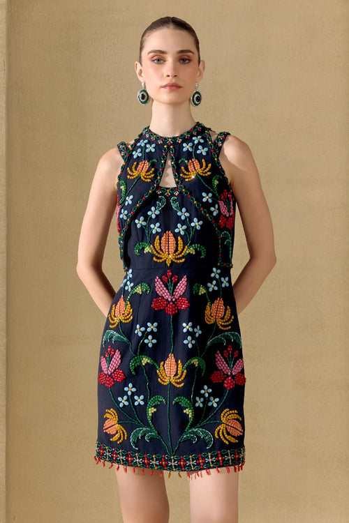 Black Mosaic Beadwork Cutout Dress