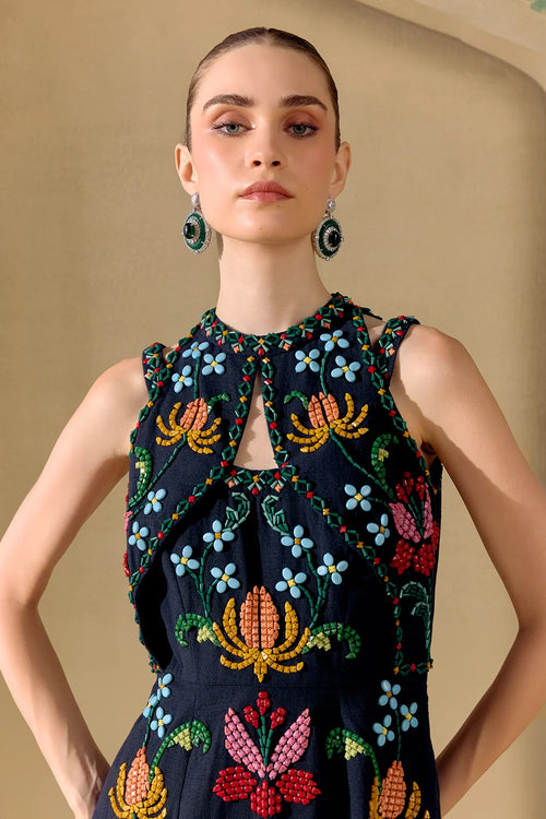 Black Mosaic Beadwork Cutout Dress