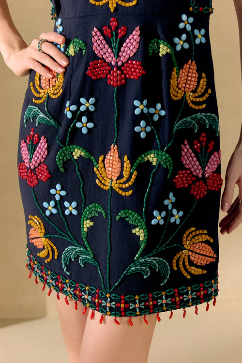 Black Mosaic Beadwork Cutout Dress
